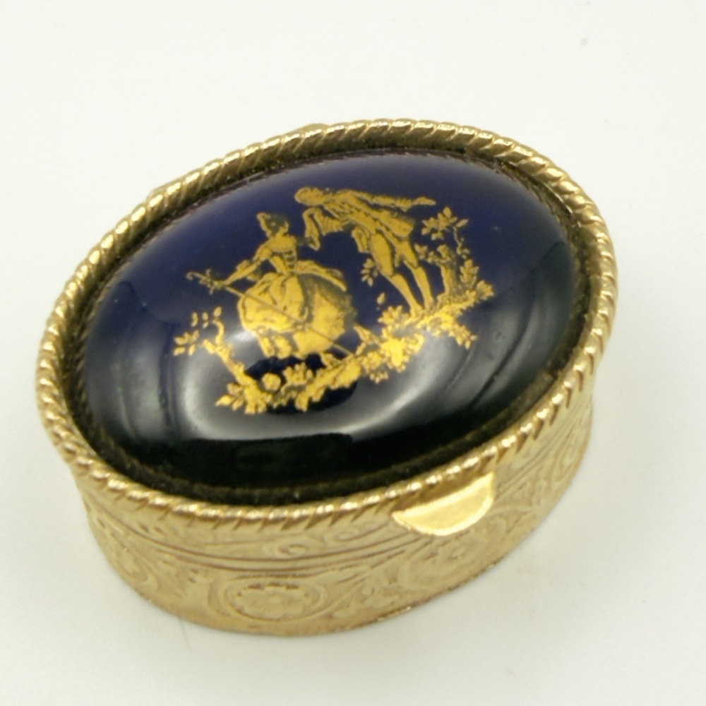 Trinket Pill Box Cobalt Blue Fragonard Courting Couple Gold Tone Oval Hinged - Picture 1 of 11